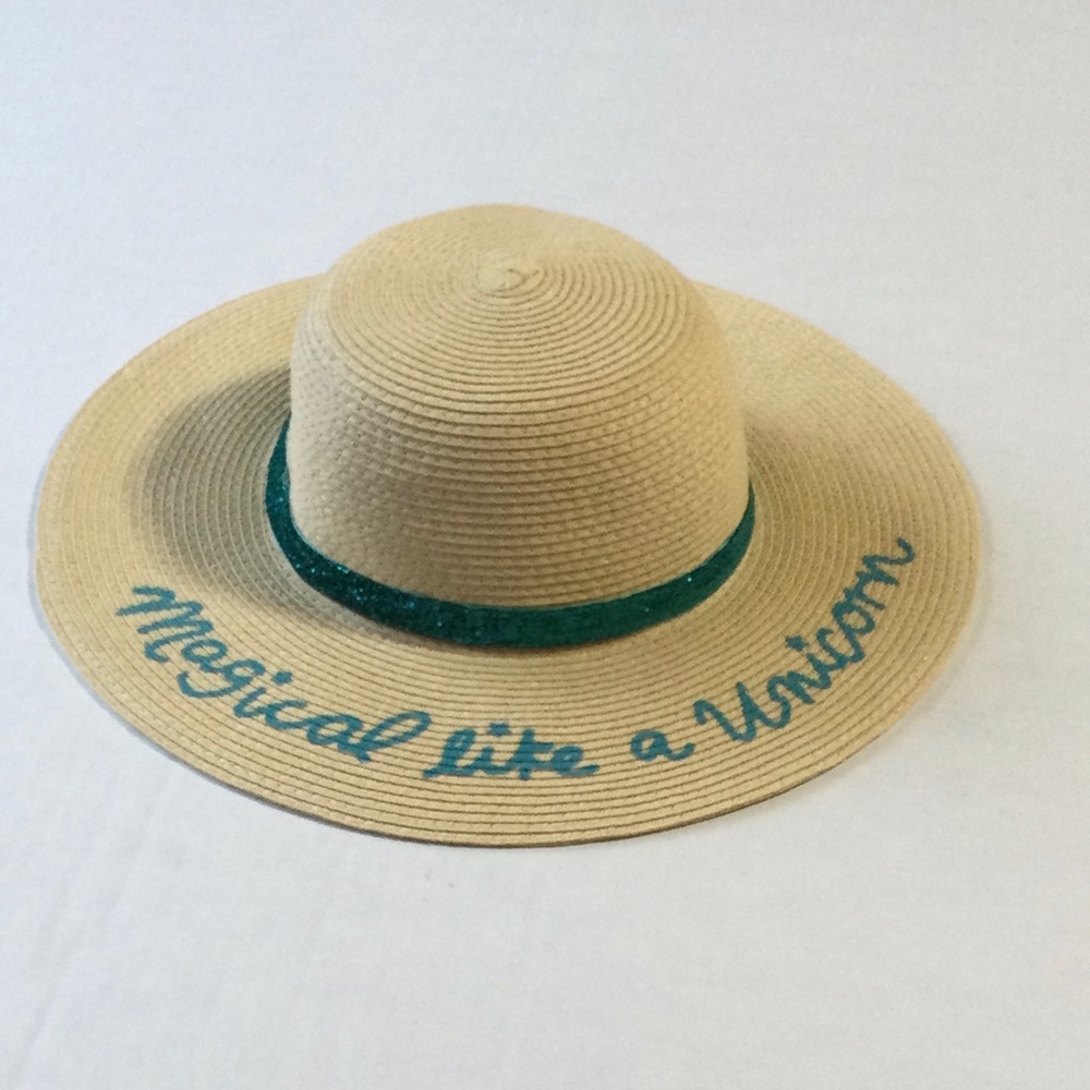 Target Kids Tan Straw Hat with Teal “Magical like a Unicorn” Inscription
